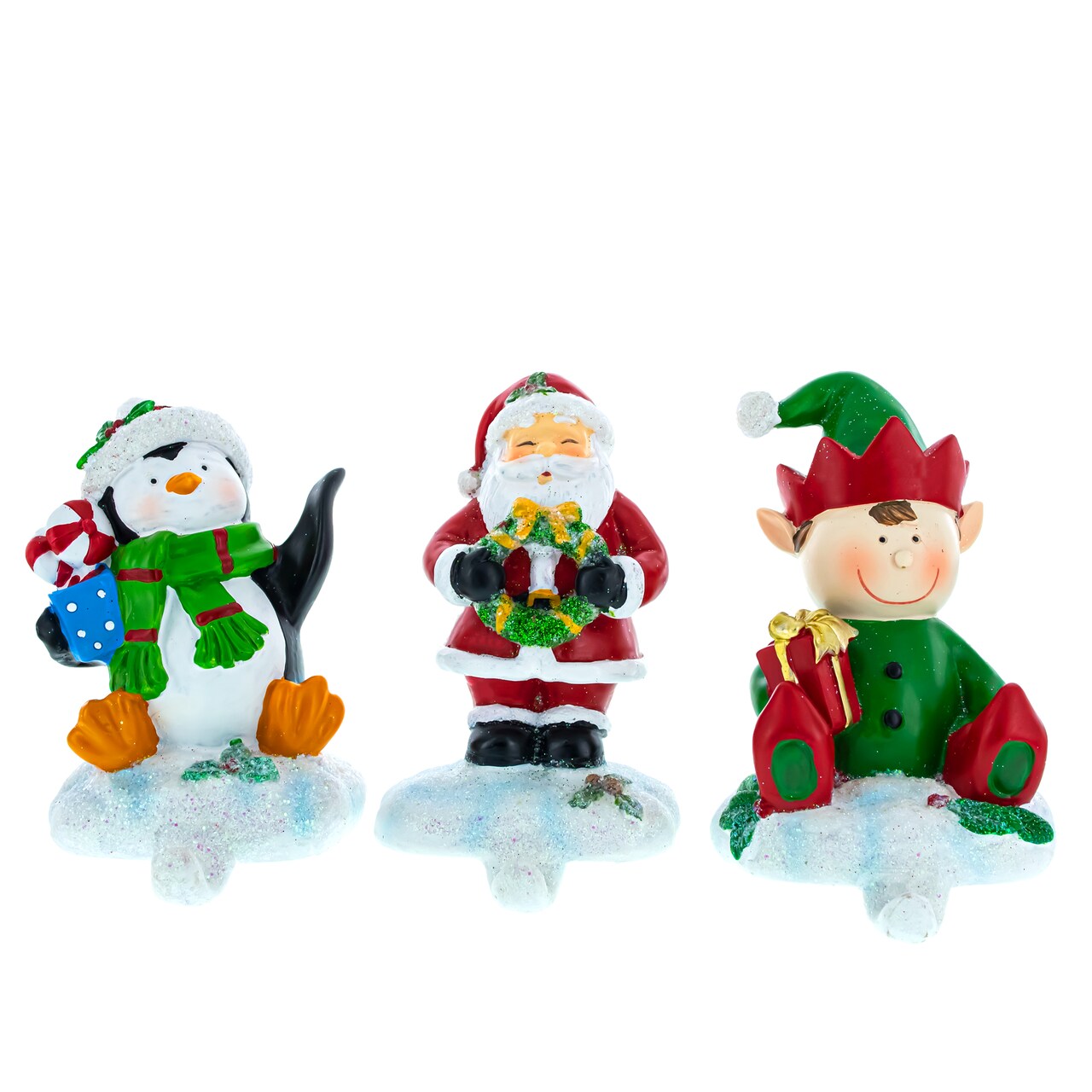 Set of 3 Christmas Stocking Holders Hangers – Santa, Penguin, and Elf Holiday Mantel Decorations